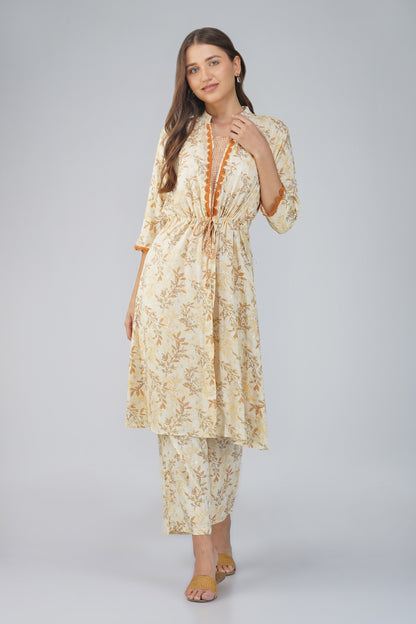 Snigdha Yellow Overlay Kurti Co-ord Set – Foliage Print with Tie-Up Waist & Palazzos