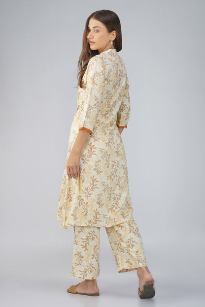 Snigdha Yellow Overlay Kurti Co-ord Set – Foliage Print with Tie-Up Waist & Palazzos