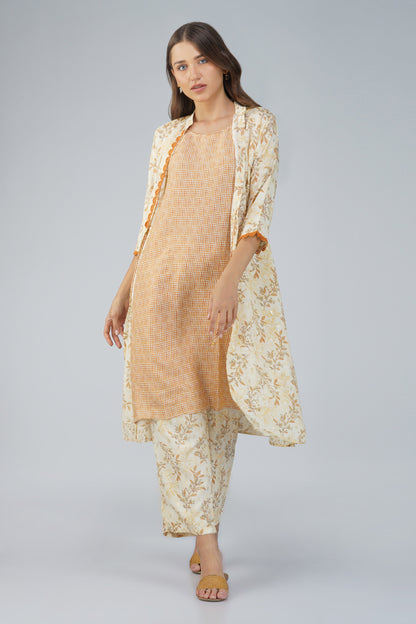 Snigdha Yellow Overlay Kurti Co-ord Set – Foliage Print with Tie-Up Waist & Palazzos