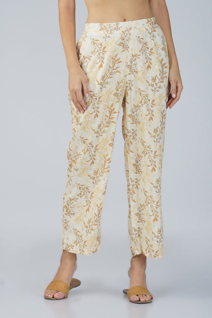 Snigdha Yellow Overlay Kurti Co-ord Set – Foliage Print with Tie-Up Waist & Palazzos