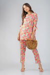 Peach Abstract Co-ord Set – Round Neck Tunic with Printed Straight Pants