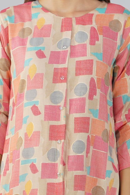 Peach Abstract Co-ord Set – Round Neck Tunic with Printed Straight Pants