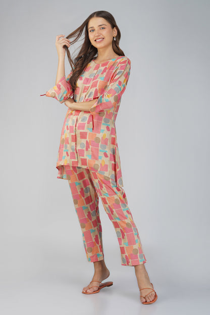 Peach Abstract Co-ord Set – Round Neck Tunic with Printed Straight Pants