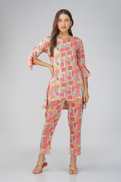 Peach Abstract Co-ord Set – Round Neck Tunic with Printed Straight Pants