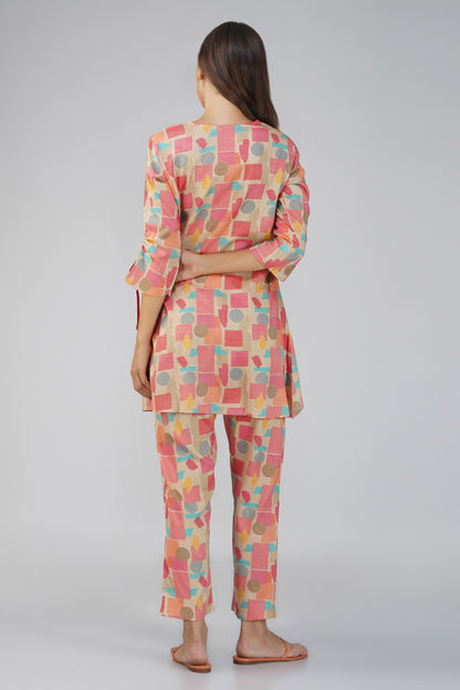 Peach Abstract Co-ord Set – Round Neck Tunic with Printed Straight Pants