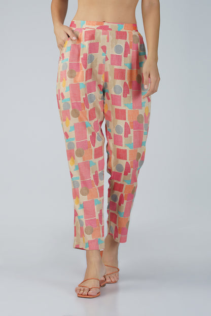 Peach Abstract Co-ord Set – Round Neck Tunic with Printed Straight Pants