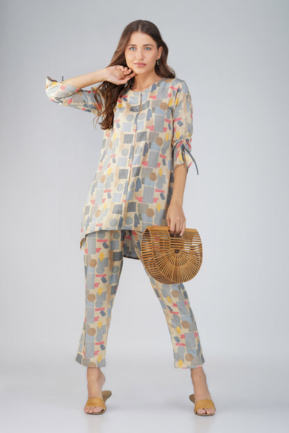 Grey Abstract Co-ord Set – Round Neck Tunic with Printed Straight Pants