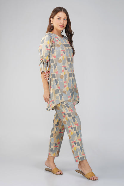 Grey Abstract Co-ord Set – Round Neck Tunic with Printed Straight Pants
