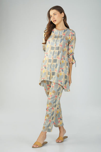 Grey Abstract Co-ord Set – Round Neck Tunic with Printed Straight Pants