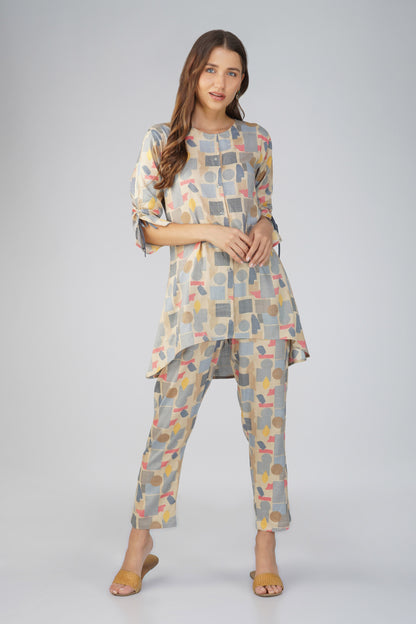 Grey Abstract Co-ord Set – Round Neck Tunic with Printed Straight Pants