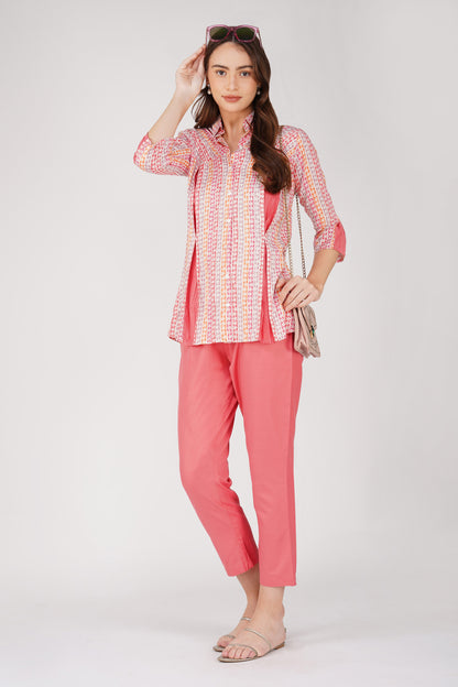 Pink Floral Shirt Co-ord Set – Contrast Panel Top with Solid Pants