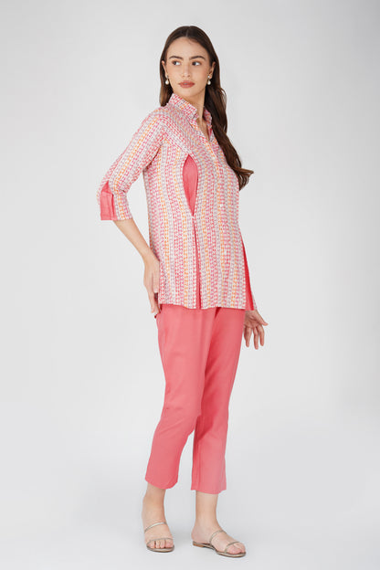 Pink Floral Shirt Co-ord Set – Contrast Panel Top with Solid Pants
