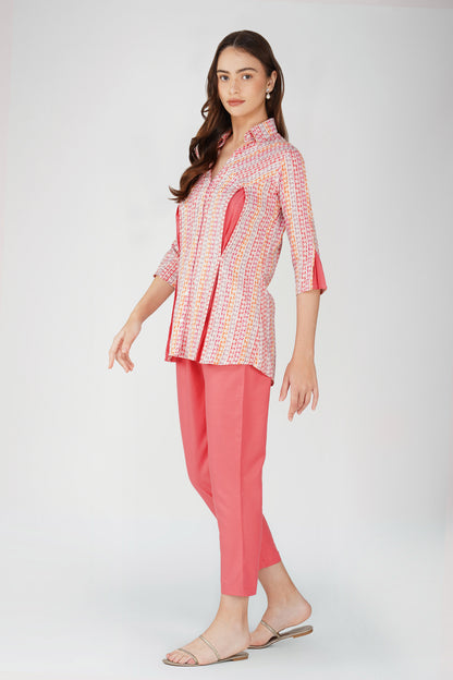 Pink Floral Shirt Co-ord Set – Contrast Panel Top with Solid Pants