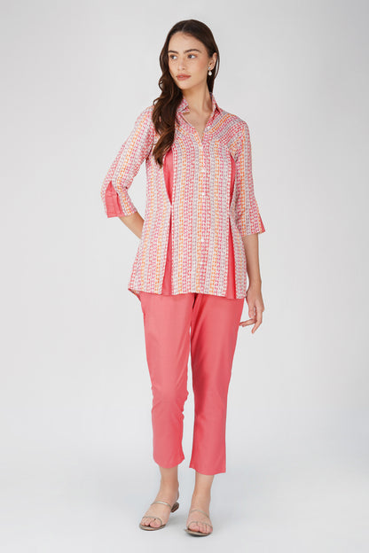 Pink Floral Shirt Co-ord Set – Contrast Panel Top with Solid Pants