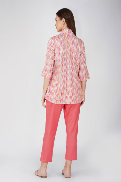 Pink Floral Shirt Co-ord Set – Contrast Panel Top with Solid Pants