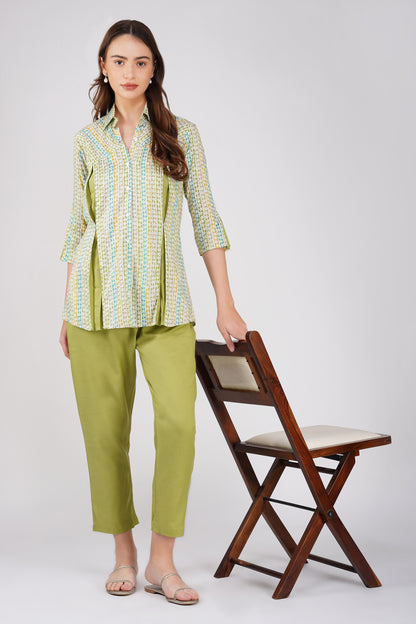 Fresh Green Floral Shirt Co-ord Set – Contrast Panel Top with Solid Pants