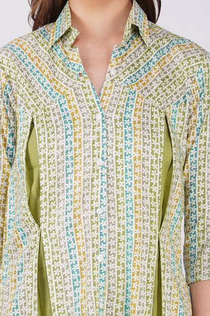 Fresh Green Floral Shirt Co-ord Set – Contrast Panel Top with Solid Pants