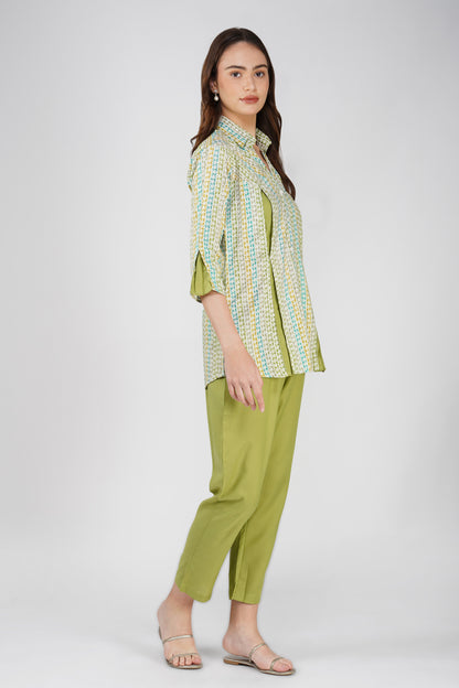 Fresh Green Floral Shirt Co-ord Set – Contrast Panel Top with Solid Pants