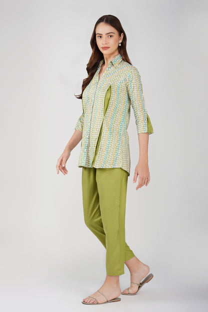 Fresh Green Floral Shirt Co-ord Set – Contrast Panel Top with Solid Pants