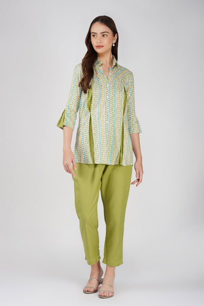 Fresh Green Floral Shirt Co-ord Set – Contrast Panel Top with Solid Pants