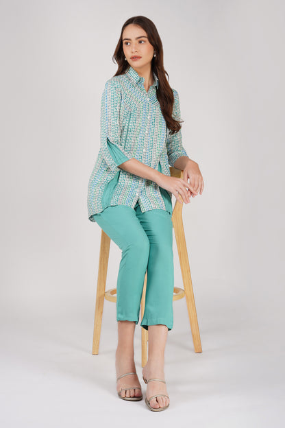 Sea Green Floral Shirt Co-ord Set – Contrast Panel Top with Solid Pants