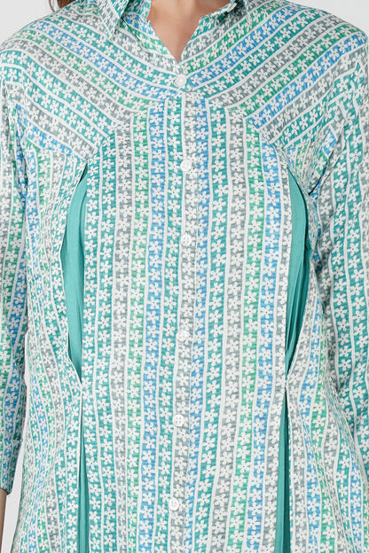Sea Green Floral Shirt Co-ord Set – Contrast Panel Top with Solid Pants