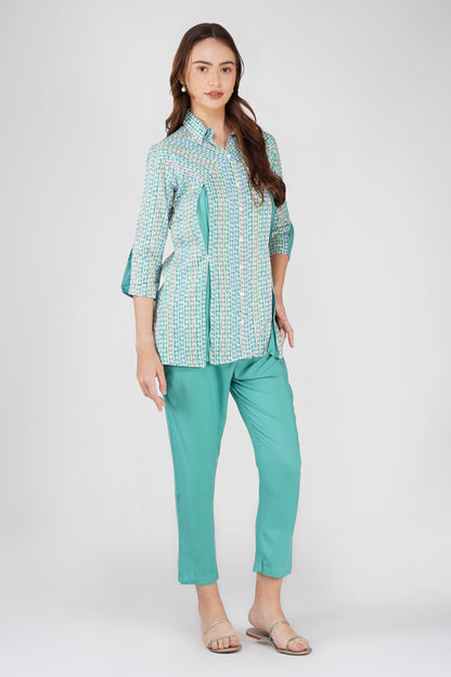Sea Green Floral Shirt Co-ord Set – Contrast Panel Top with Solid Pants