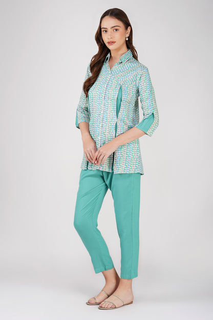 Sea Green Floral Shirt Co-ord Set – Contrast Panel Top with Solid Pants