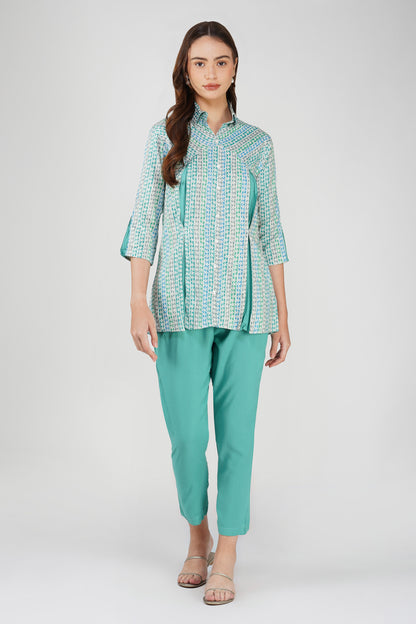 Sea Green Floral Shirt Co-ord Set – Contrast Panel Top with Solid Pants