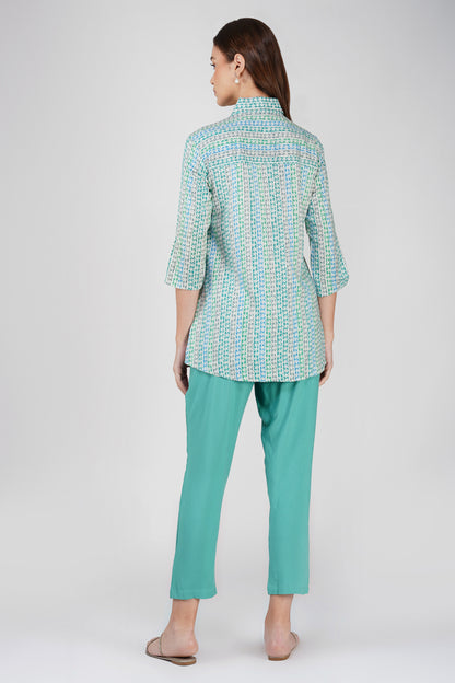 Sea Green Floral Shirt Co-ord Set – Contrast Panel Top with Solid Pants