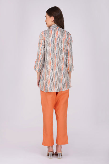 Orange Floral Shirt Co-ord Set – Contrast Panel Top with Solid Pants