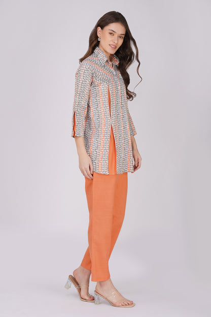 Orange Floral Shirt Co-ord Set – Contrast Panel Top with Solid Pants