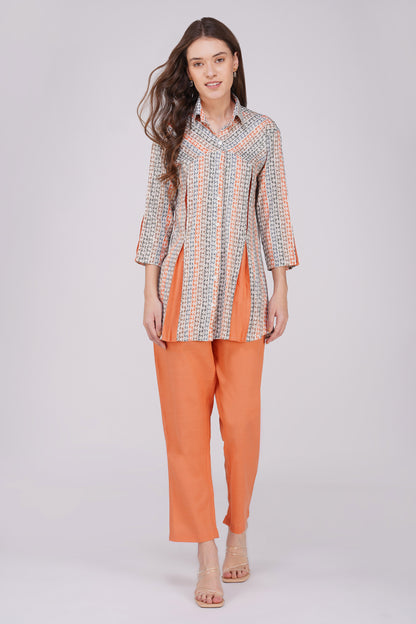 Orange Floral Shirt Co-ord Set – Contrast Panel Top with Solid Pants