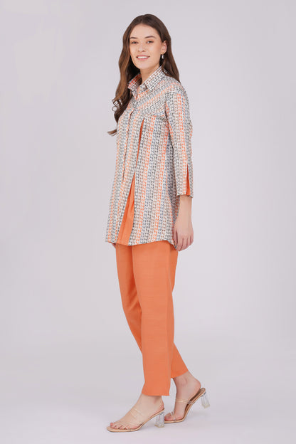 Orange Floral Shirt Co-ord Set – Contrast Panel Top with Solid Pants