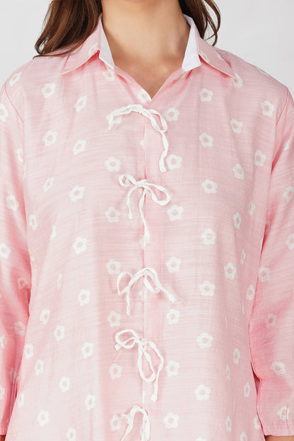 Pastel Pink Tie-Up Floral Shirt Co-ord – with White CEY Pants