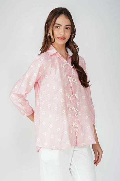 Pastel Pink Tie-Up Floral Shirt Co-ord – with White CEY Pants