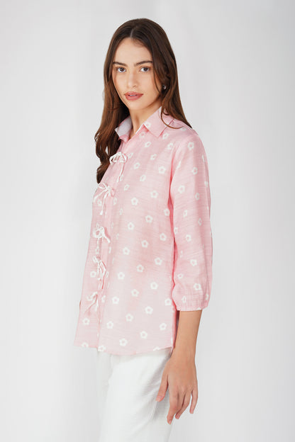 Pastel Pink Tie-Up Floral Shirt Co-ord – with White CEY Pants