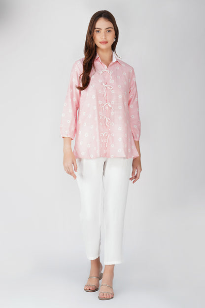 Pastel Pink Tie-Up Floral Shirt Co-ord – with White CEY Pants