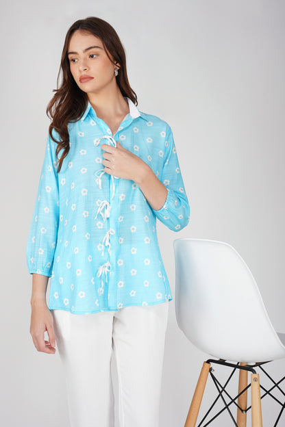 Sky Blue Tie-Up Floral Shirt Co-ord – with White CEY Pants