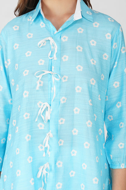 Sky Blue Tie-Up Floral Shirt Co-ord – with White CEY Pants