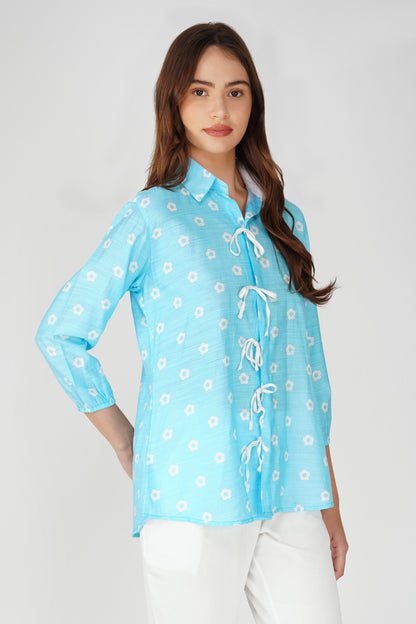 Sky Blue Tie-Up Floral Shirt Co-ord – with White CEY Pants
