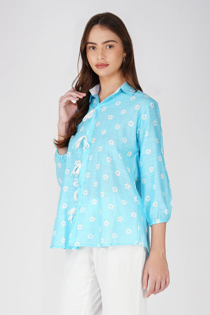 Sky Blue Tie-Up Floral Shirt Co-ord – with White CEY Pants