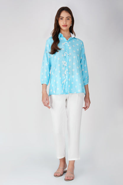 Sky Blue Tie-Up Floral Shirt Co-ord – with White CEY Pants