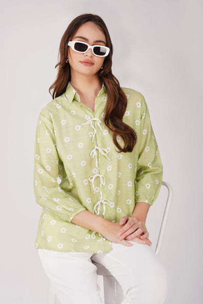 Pastel Green Tie-Up Floral Shirt Co-ord – with White Pants