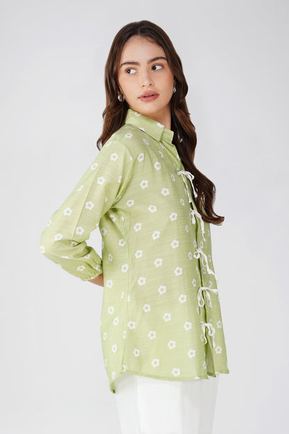 Pastel Green Tie-Up Floral Shirt Co-ord – with White Pants