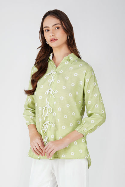 Pastel Green Tie-Up Floral Shirt Co-ord – with White Pants