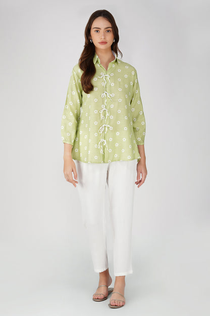 Pastel Green Tie-Up Floral Shirt Co-ord – with White Pants