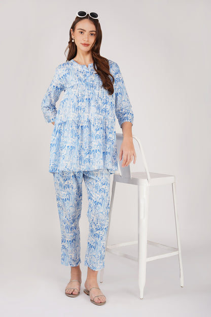 Indigo Tiered Peplum Co-ord Set – Cotton Tunic with Printed Pants