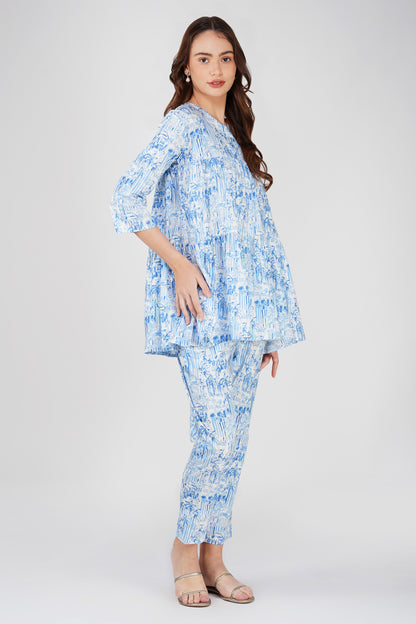 Indigo Tiered Peplum Co-ord Set – Cotton Tunic with Printed Pants