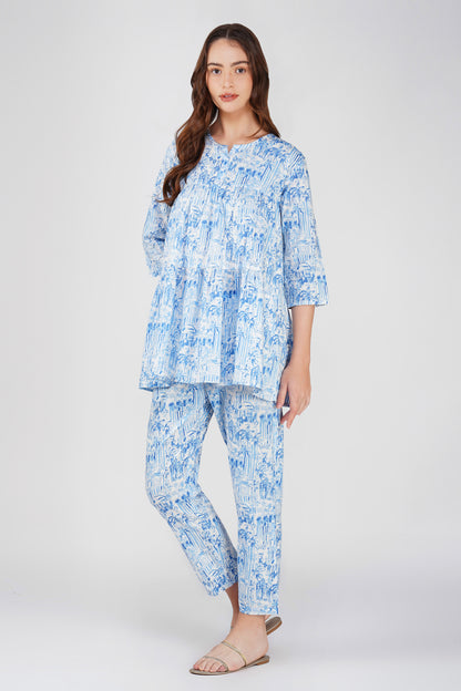Indigo Tiered Peplum Co-ord Set – Cotton Tunic with Printed Pants